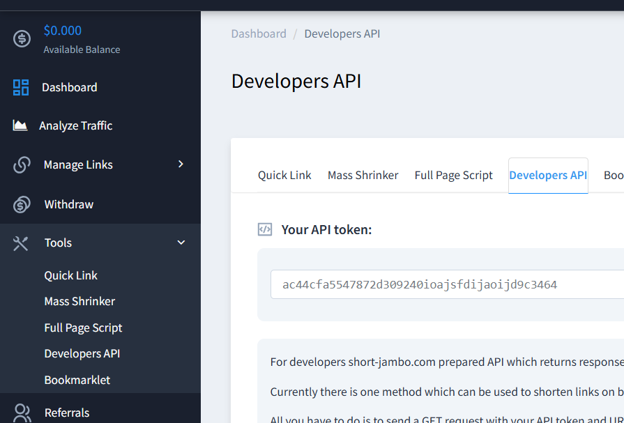 Developer API page in Short-Jambo