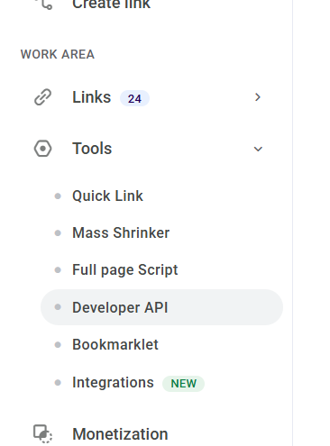 Developers API page in ShrtFly