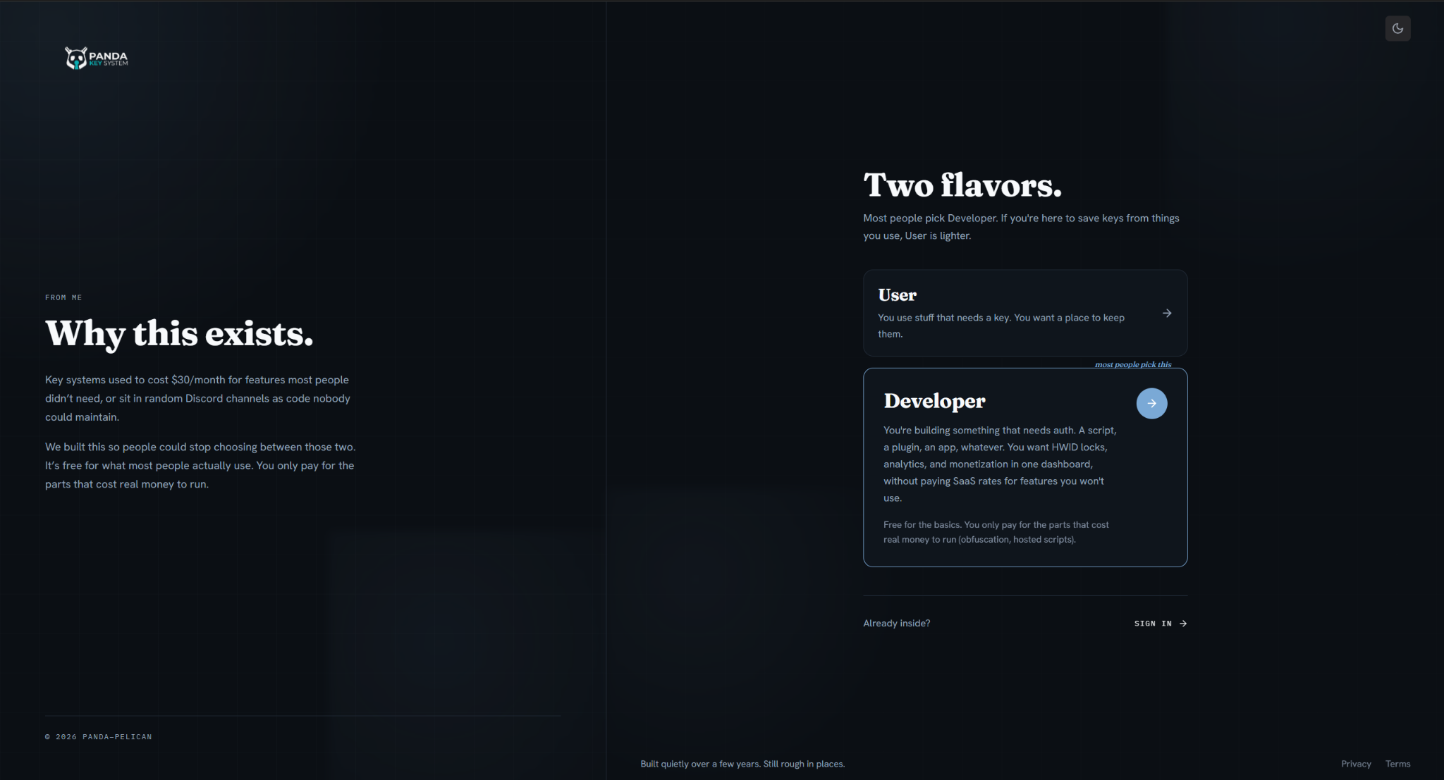 Choose between User and Developer accounts